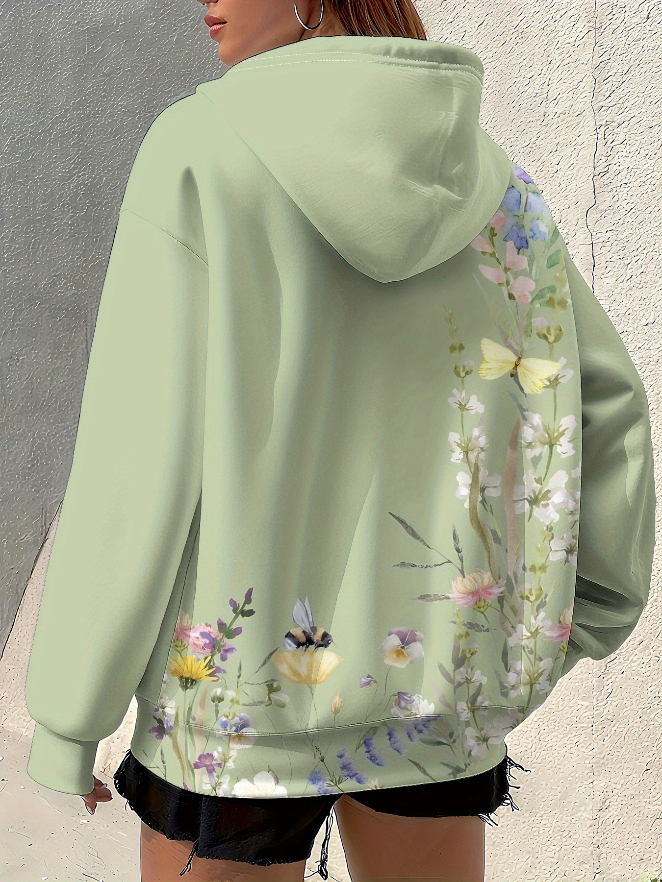 item picture plus size womens mint green floral zip up sweatshirt loose fit hooded jacket with front pocket lightweight wear suitable for casual office and vacation machine washable polyester outerwear spring fashion comfortable fabric