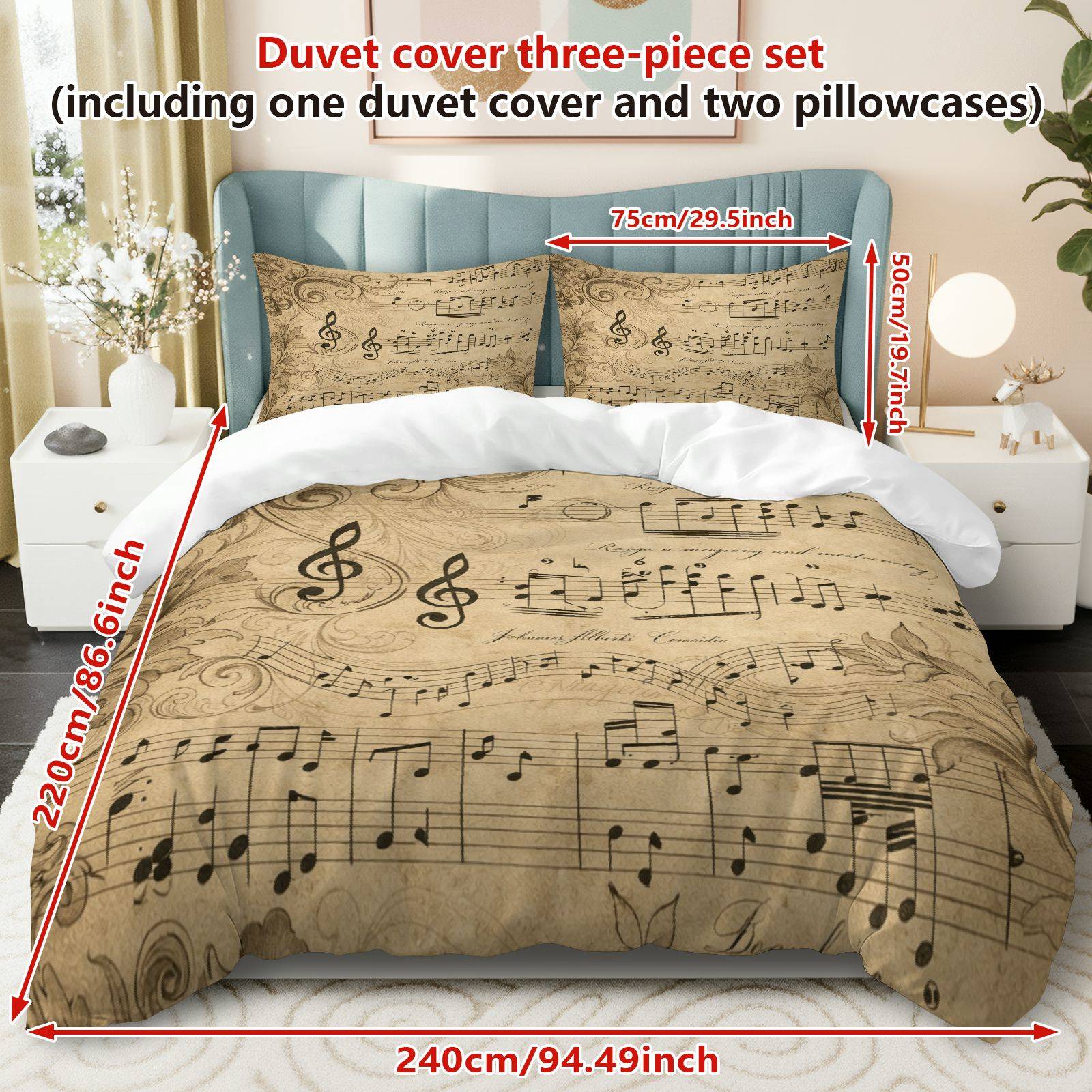 TEMU 3pcs Duvet Cover Set, 1 Duvet 2 Pillowcases( Without Filler), Music Notes Vintage Artistic Elegant Classic Theme, Christmas Bedding, Cozy