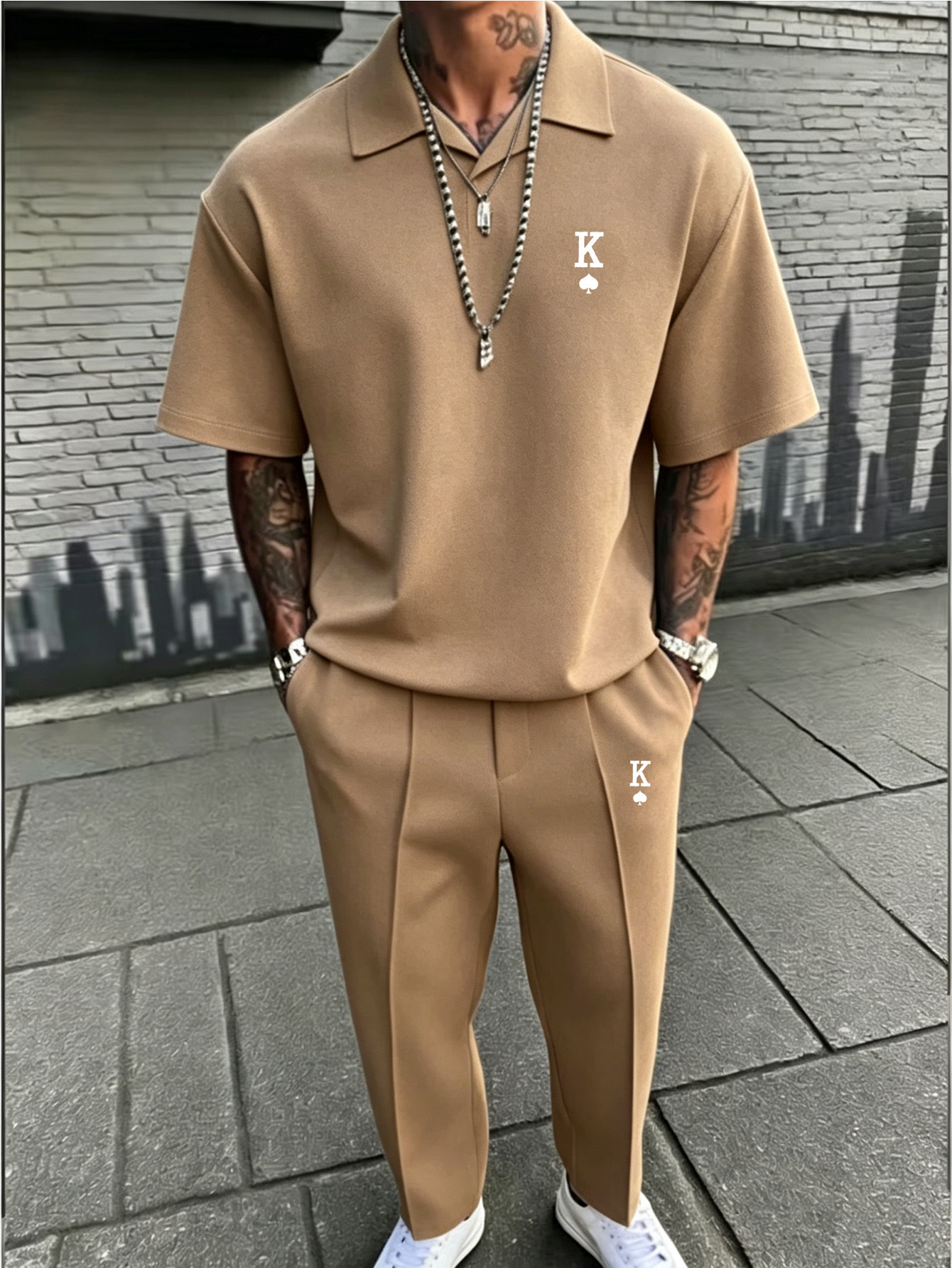 Ensemble Polo Oversize & Pantalon Slim Homme Ensemble Streetwear Adolescente, Polo à Col Cubain Oversize et Pantalon Slim-Fit, Tenue Chic Minimaliste pour Occasions Décontractées et Smart Casual, pour l