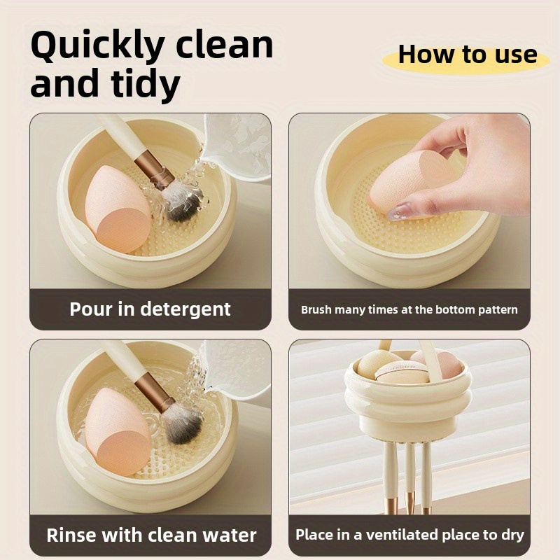 360 rotating dustproof makeup brush organizer with lid transparent plastic cosmetic storage box lightweight portable for home or travel beige   Product details 2