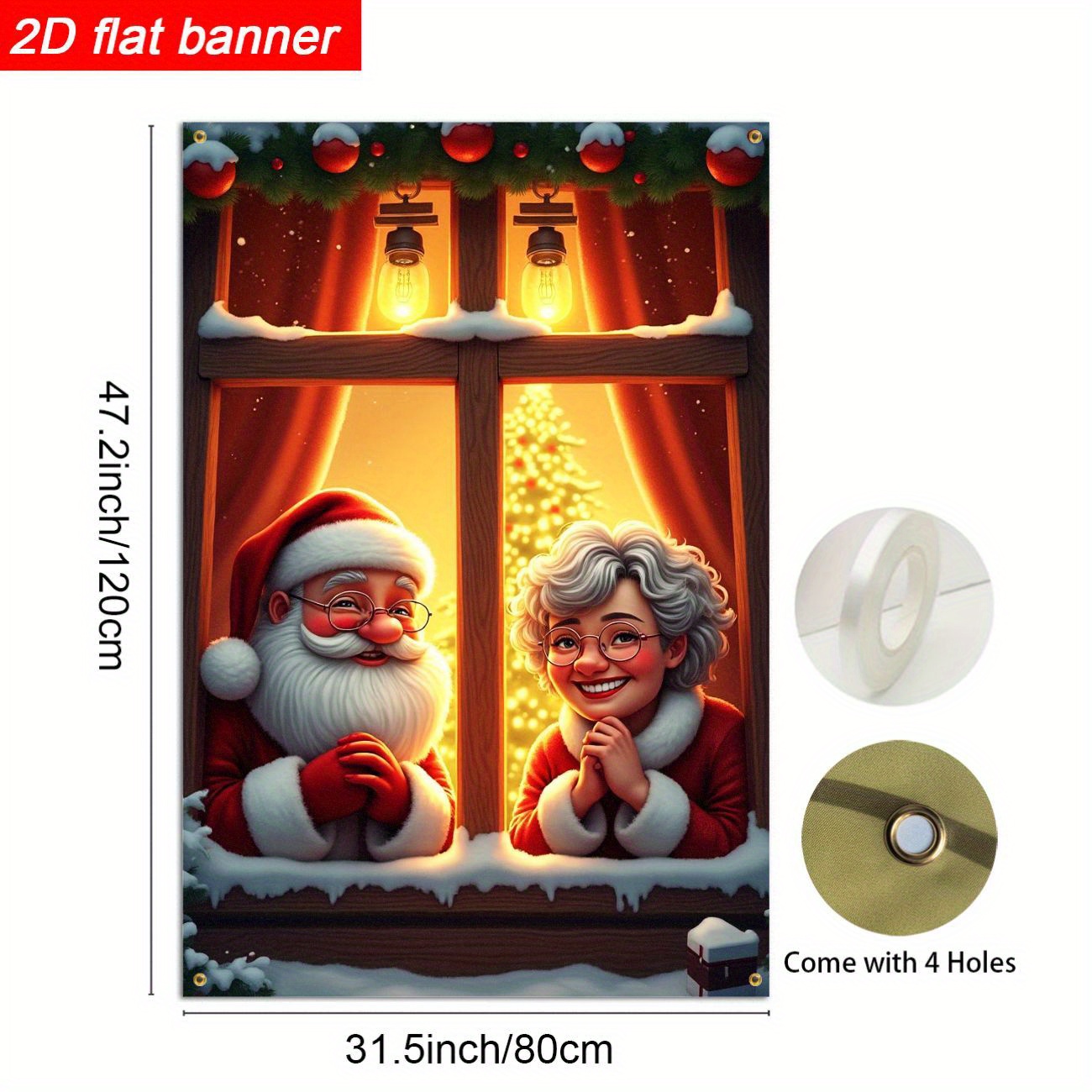 TEMU 2d Flat, 1pc, 2d Flat Banner, Romantic And Cozy Christmas Backdrop, Cartoon Santa Claus And Christmas Grandma By The Window With Snowy Scene