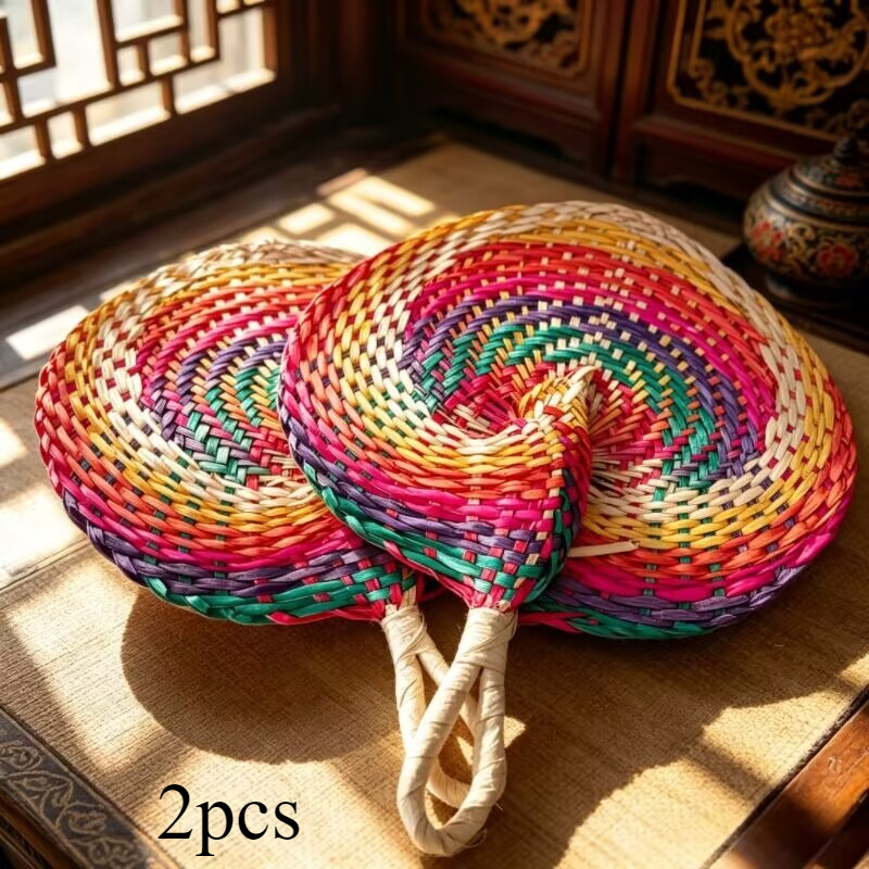 TEMU 2pcs Boho Handheld Fan â Colorful Round Decorative Fan | Summer Hand Fan | Lightweight And Stylish For Women | Perfect Gift For Summer