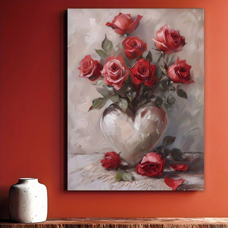 

1pc, Romantic Heart-shaped Vase With Red Roses Canvas Art, 30x40cm, , Vintage Valentine's Day Wall Decor, Mixed Colors, Ideal For Living Room, Bedroom, Kitchen, Bathroom Home Decoration