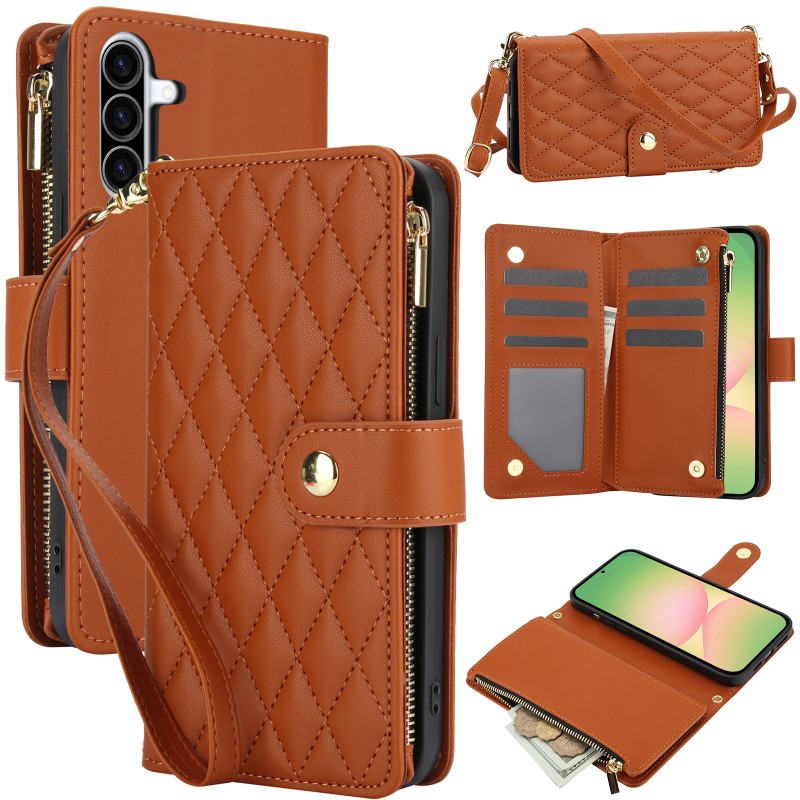 TEMU Phone Case - Chic Style Flip Leather Case Phone Cover Diamond Pattern Wallet With Rfid Anti-theft Card Holder Wrist Strap Crossbody Strap