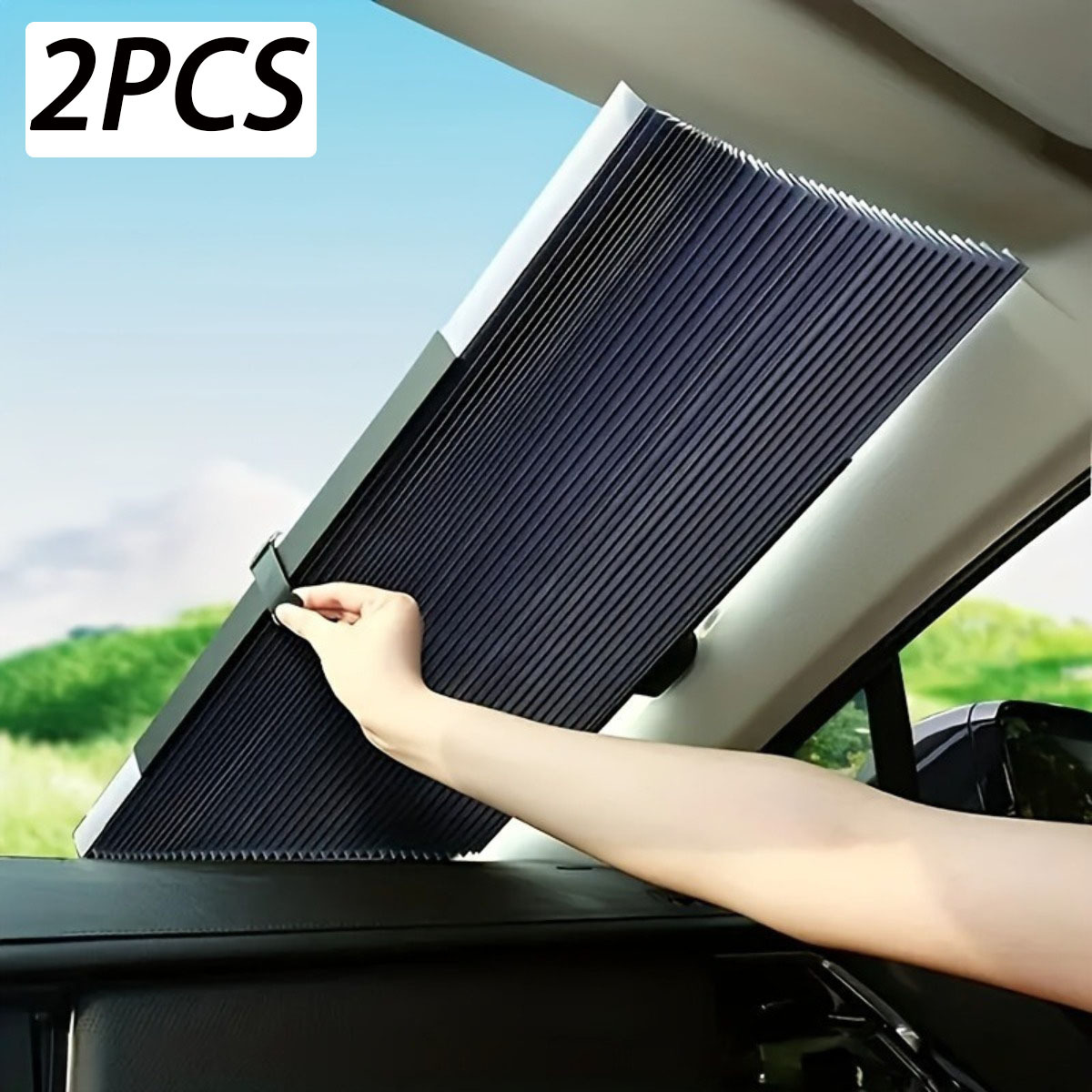 TEMU 2pcs Car Sunshade Pull Blinds - Uv Resistant & Heat-insulating With Suction Cups, Fit For Front Windows, No Drilling Required - Cars, Bedrooms,