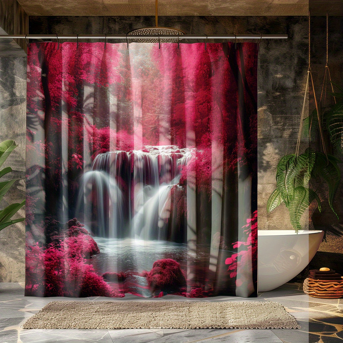 4pcs Natural Landscape Red Leaf Forest Shower Curtain Set, Washable Fabric