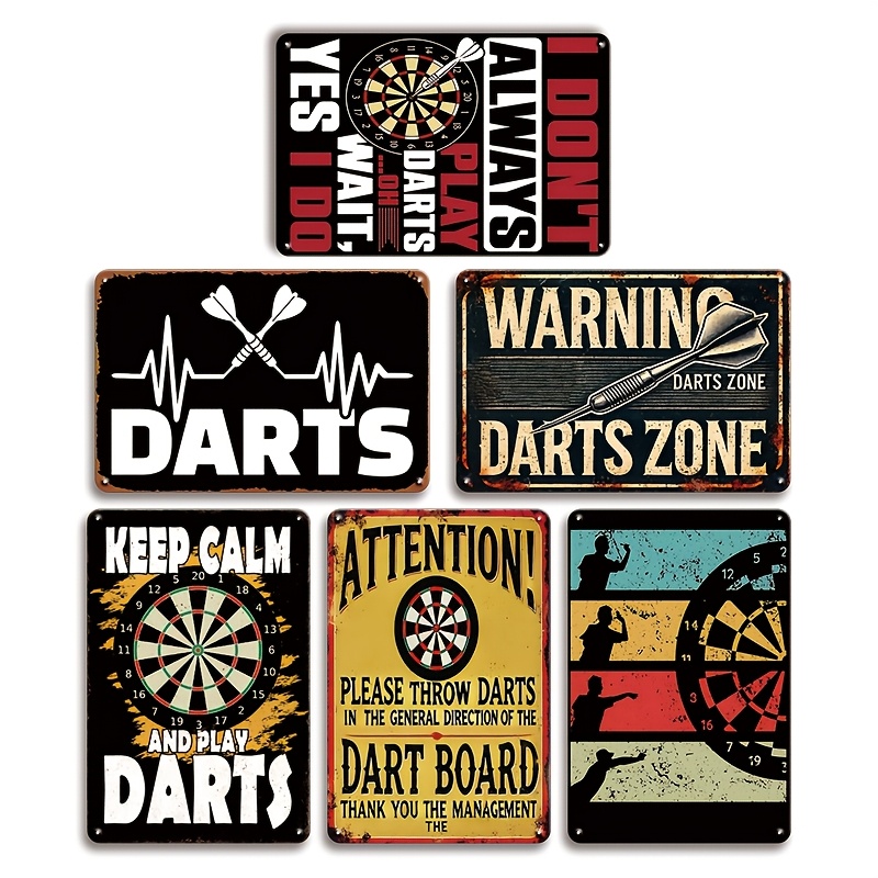TEMU 6pcs Vintage Dartwood Sign Set - Retro Humorous And Warning Decor, For Men's Cave, Bar, Garage | Durable, No Power Needed | Classic Dartboard