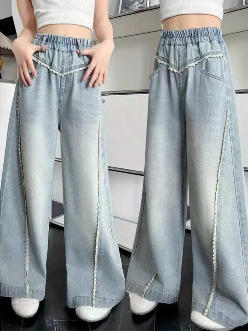 girls 2025 new wide leg loose fit denim overalls light wash blue distressed jeans with belt lace trim machine washable casual trousers for comfortable casual attire for older kids aged 7 sweet hem functional belt relaxed fit for school solid color denim pants with elastic waistband and cuffed cute jeans jeans shorts pantalon jeans Product details 2