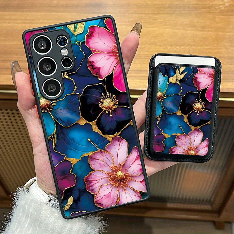 TEMU Phone Case: 2pcs Set Creative Dark-colored Flower Pattern Magnetic Phone Case & Fashionable Luxury Artificial Leather Magnetic Property