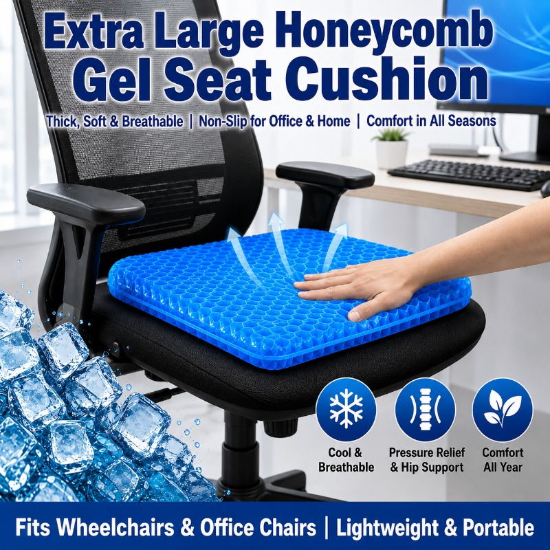   extra large gel honeycomb cushion with breathable cover thickened breathable cooling style   use relieves pressure and pain from prolonged sitting suitable for office chairs reduces sweat and pressure pain  