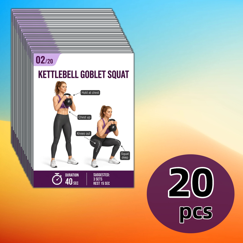 20pcs Kettlebell Workout Card Set - Illustrated Strength Training Flashcards, Home Fitness Exercise Guide for Muscle Ton