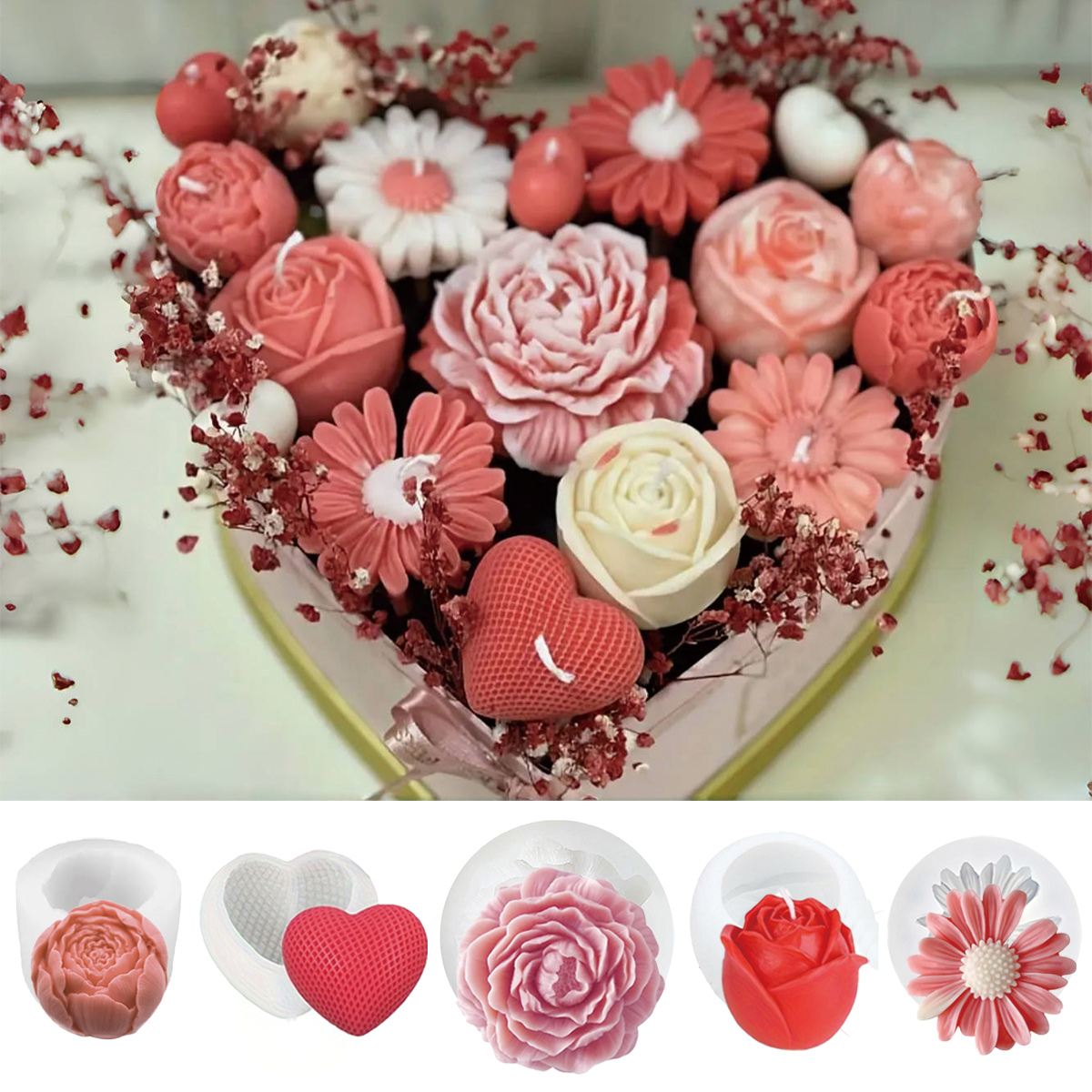 TEMU 5-piece Flower Candle Mold Set – Rose, Daisy, Carnation & Heart Flower Silicone Molds For Diy Scented Candle Bouquets | Decoration & Gift Making