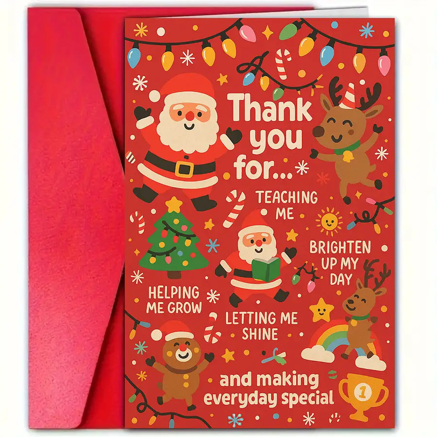 TEMU 1pc Greeting Card And 1pc Envelope. 2d Flat 1pc Holiday "thank You" Christmas Card, Suitable For Teachers And - Colorful Cartoon Design With