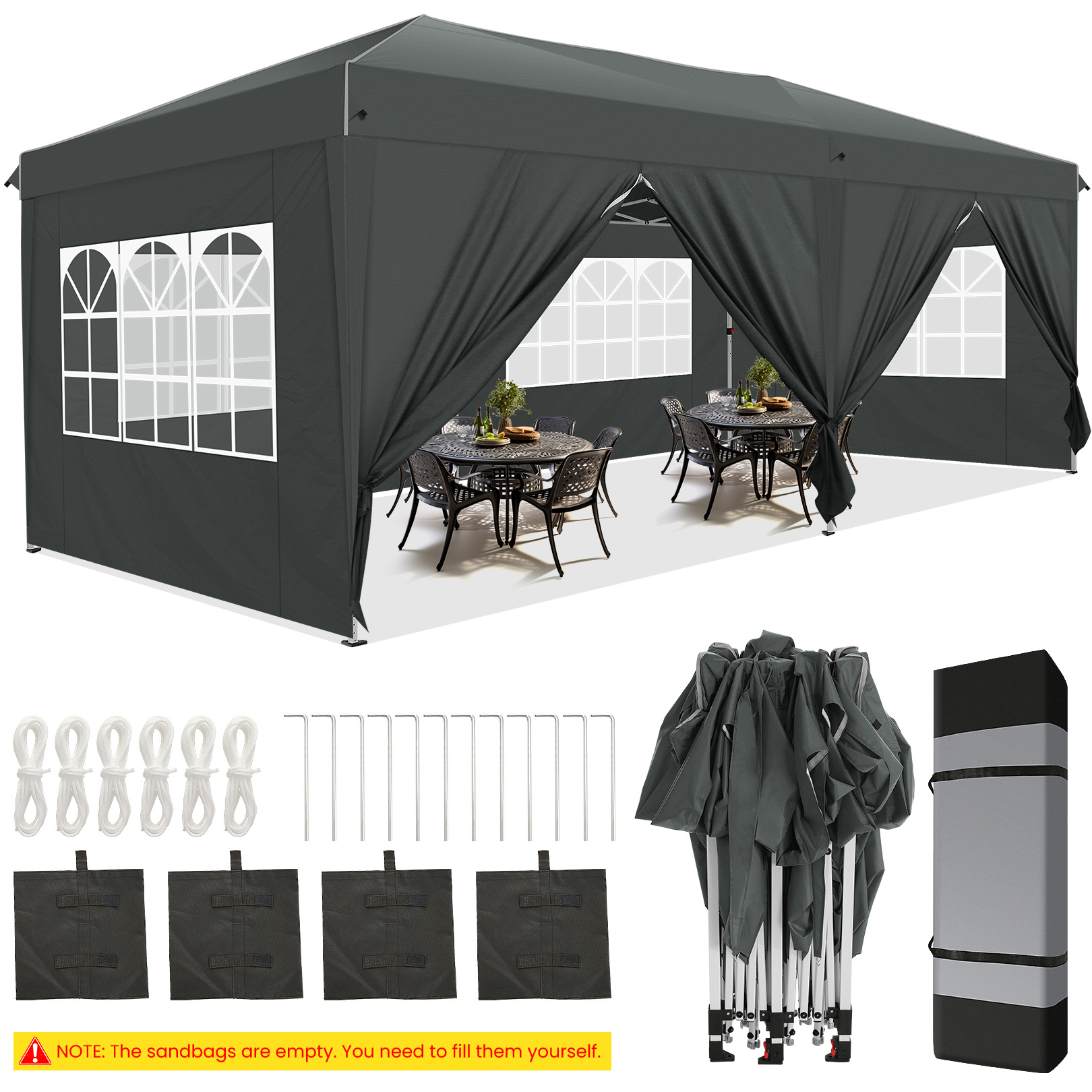 3x6m Pop Up Šotor s 6 stranskimi stenami 420D (Nadgrajena vetroodporna opora), Enostavno potisno-vlečno osrednje drog šotor, Trpežna zabaviš