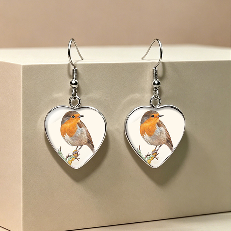 TEMU 1 Pair Robin Bird Watercolor Heart Shape Earring Glass Dome Dangle Earrings Handmade Fashion Jewelry, Without Battery
