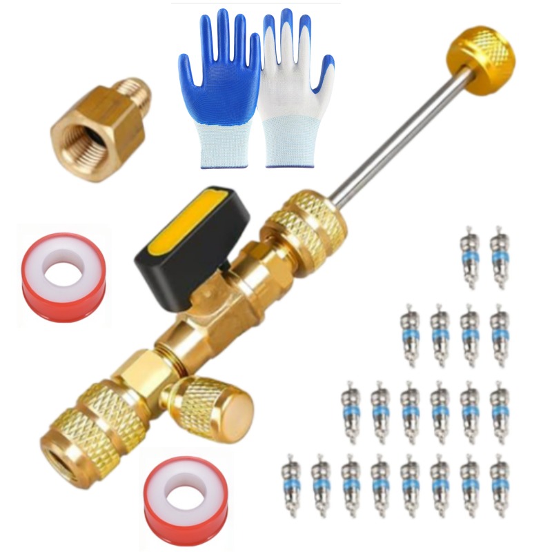 Sae A/c Valve Core Remover Installer Tool Kit With 20 Alloy Valve Cores & 1/4' 5/16' Brass Adapters Complete Set For R22/r410a Refrigerant Systems Pro