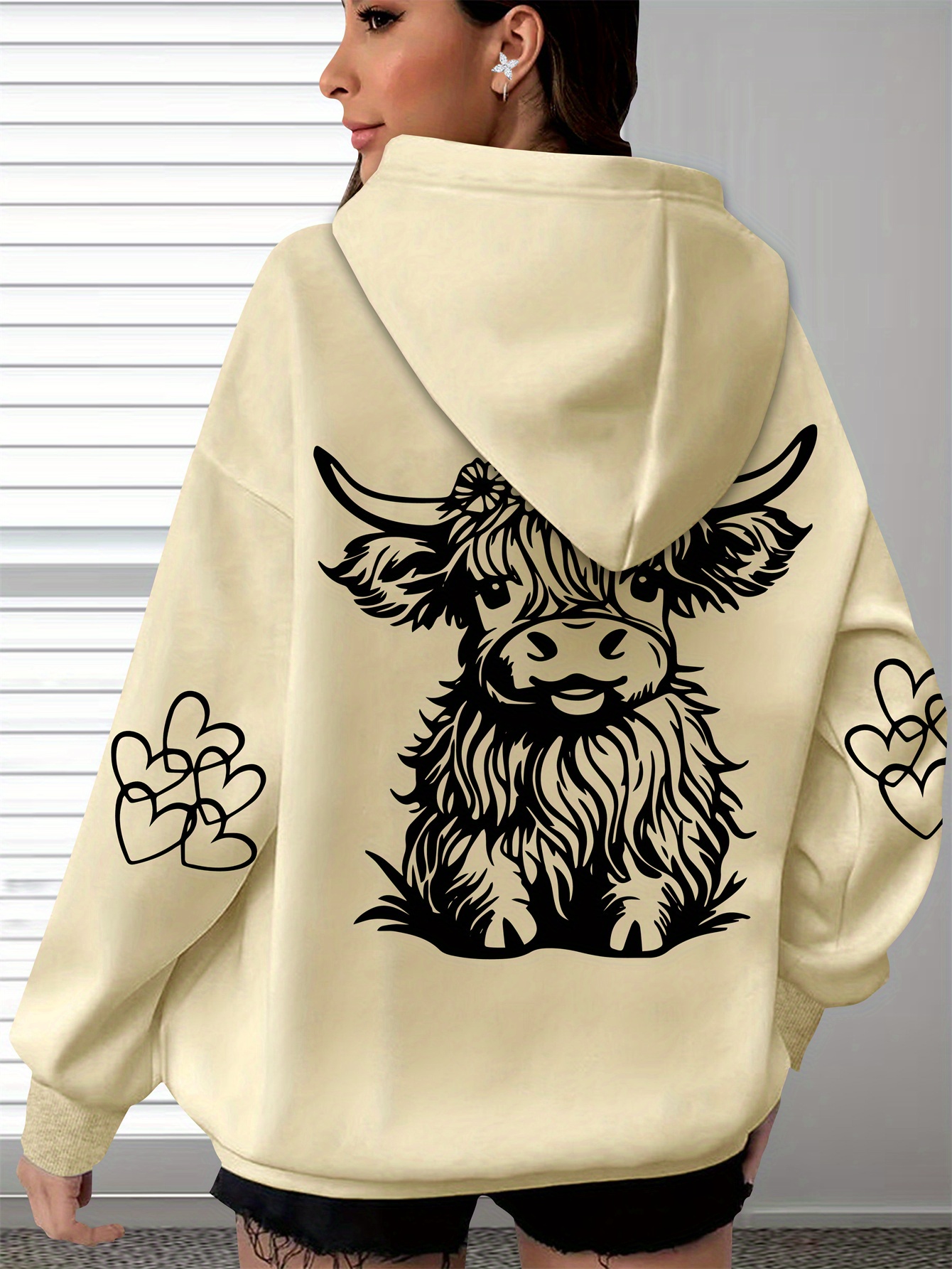 womens oversized cozy hoodie with highland cow print paw   soft long sleeve pullover brown polyester casual wear for everyday   details 30