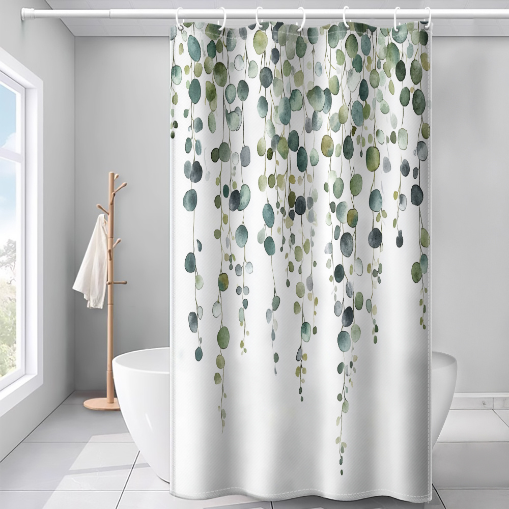 TEMU 1pc Of Draping Green Plant Leaf Printed Shower Curtain, Modern Bathroom Home Decor With Plastic Hooks, Suitable For Home And Hotel Machine