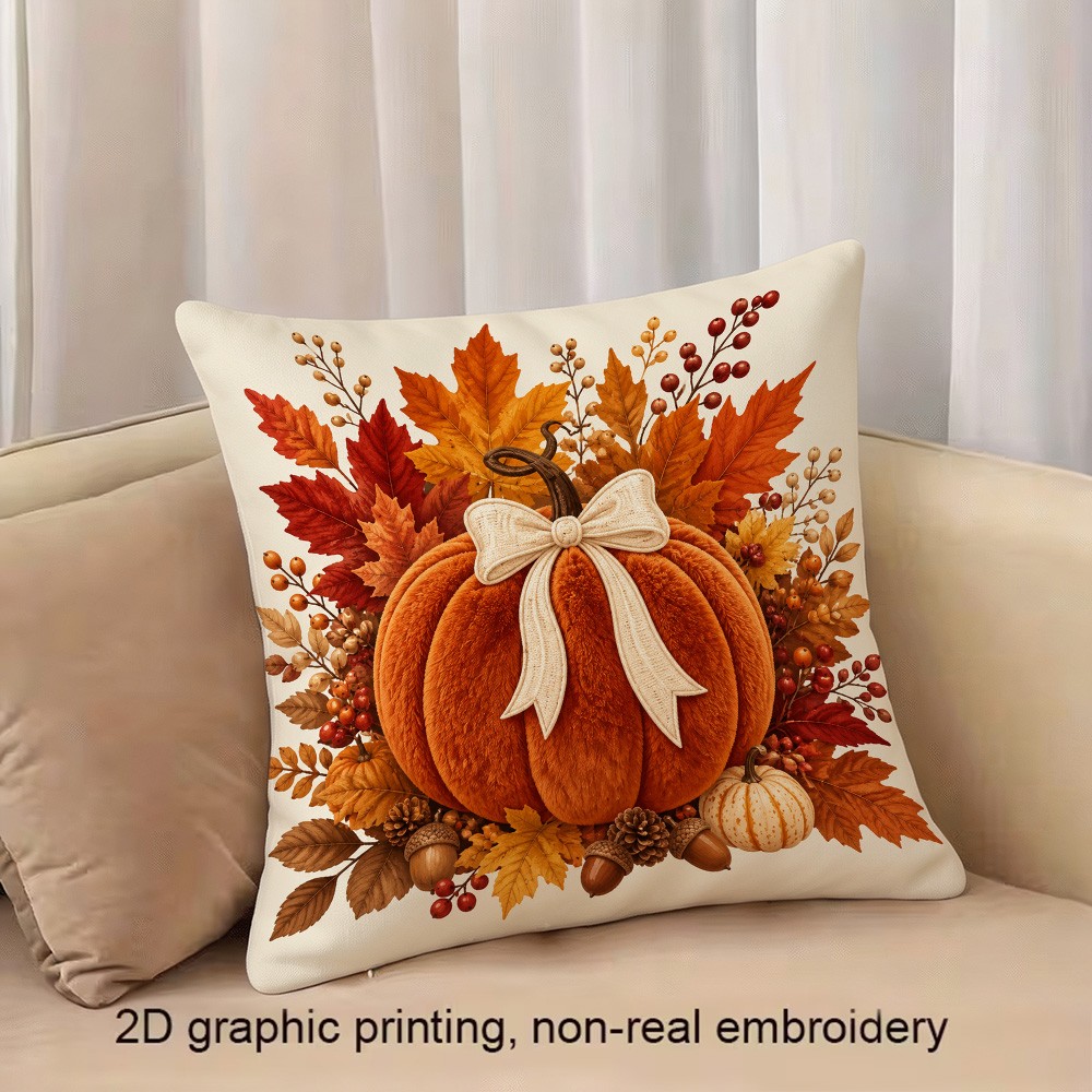 TEMU 1 stuks Dubbelzijdige Kussensloop, 2D Grafische Print met Pluche Oranje Pompoen & Herfst Elementen, Feestelijke Decoratie, Geschikt voor Bank,