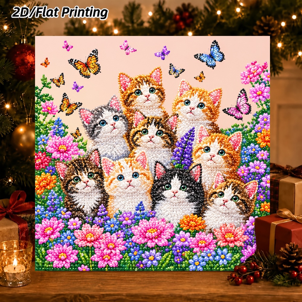 TEMU Kit de peinture diamant fil de perles 5D, convient aux des chats et aux adultes - Art sur toile cadre motif chat et chaton papillon, design