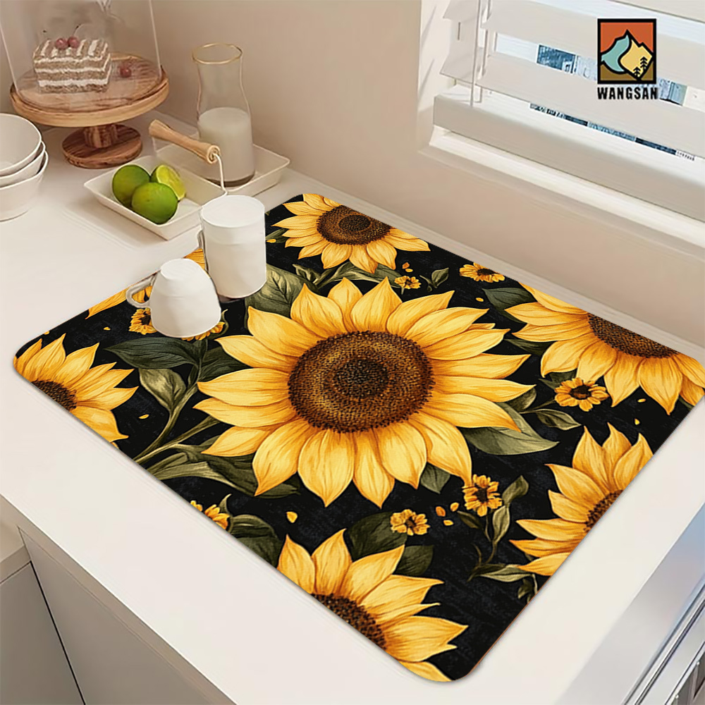 TEMU 1pc Sunflower Pattern Drying Mat, For Dishes, Used For Coffee Machine, Washing Machine, Microwave And Table. Made Of Polyester, Kitchens, Living