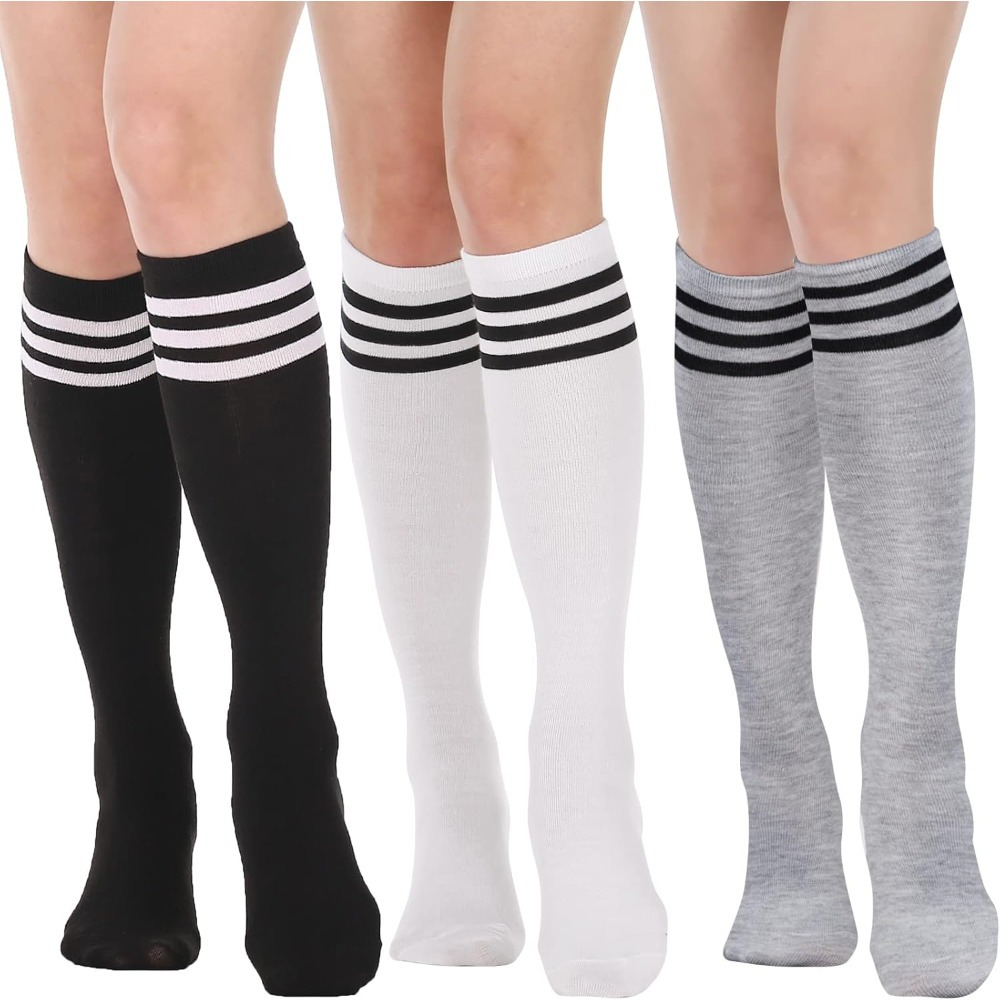 TEMU 1/3 Paire de Chaussettes Longues Rayées pour Femmes, Chaussettes de Mollet Décontractées et Fines Printemps Été Automne, Cadeau Toute l'Année