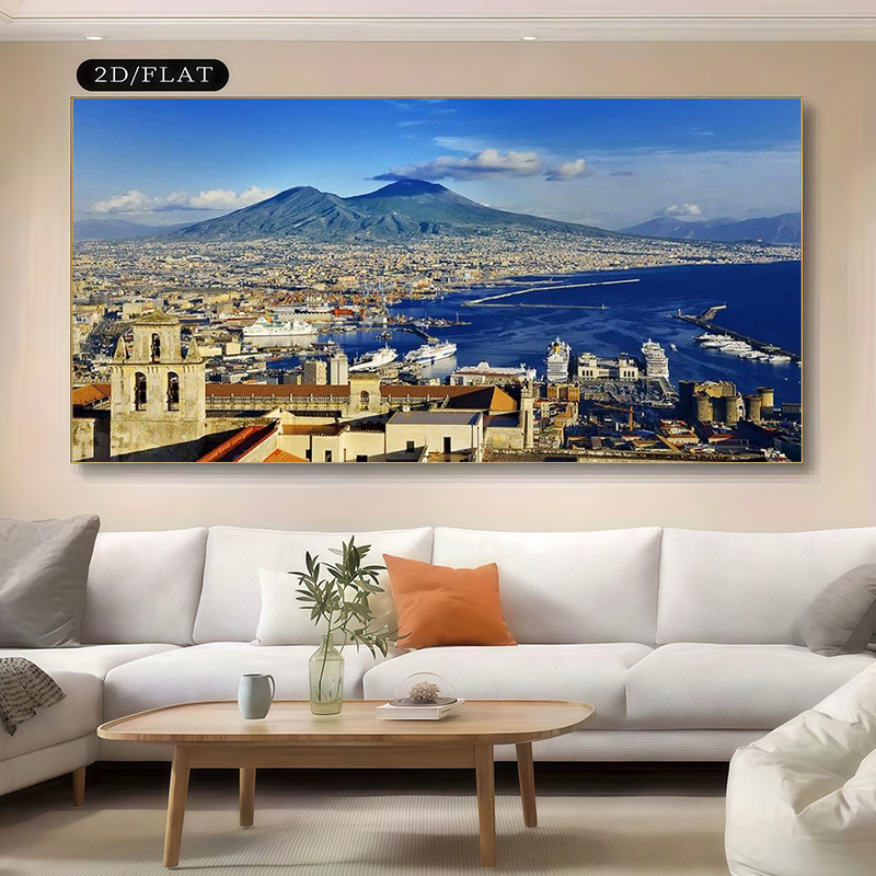 TEMU Poster su tela grande orizzontale senza cornice 2D Flat, 2D Flat, 2D Flat 1 pz - murale con paesaggio di citt� costiera italiana con il Vesuvio,