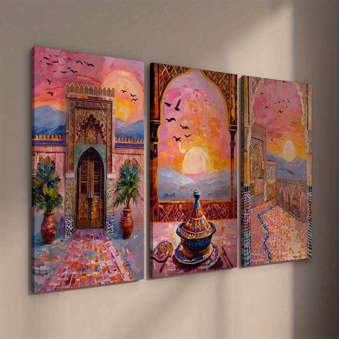 TEMU 2d Flat, 3pcs Framed Moroccan Sunset Canvas Art Print - Vibrant Pink And Orange Sky, Exquisite Architecture, 2d Flat Design, Suitable For Living