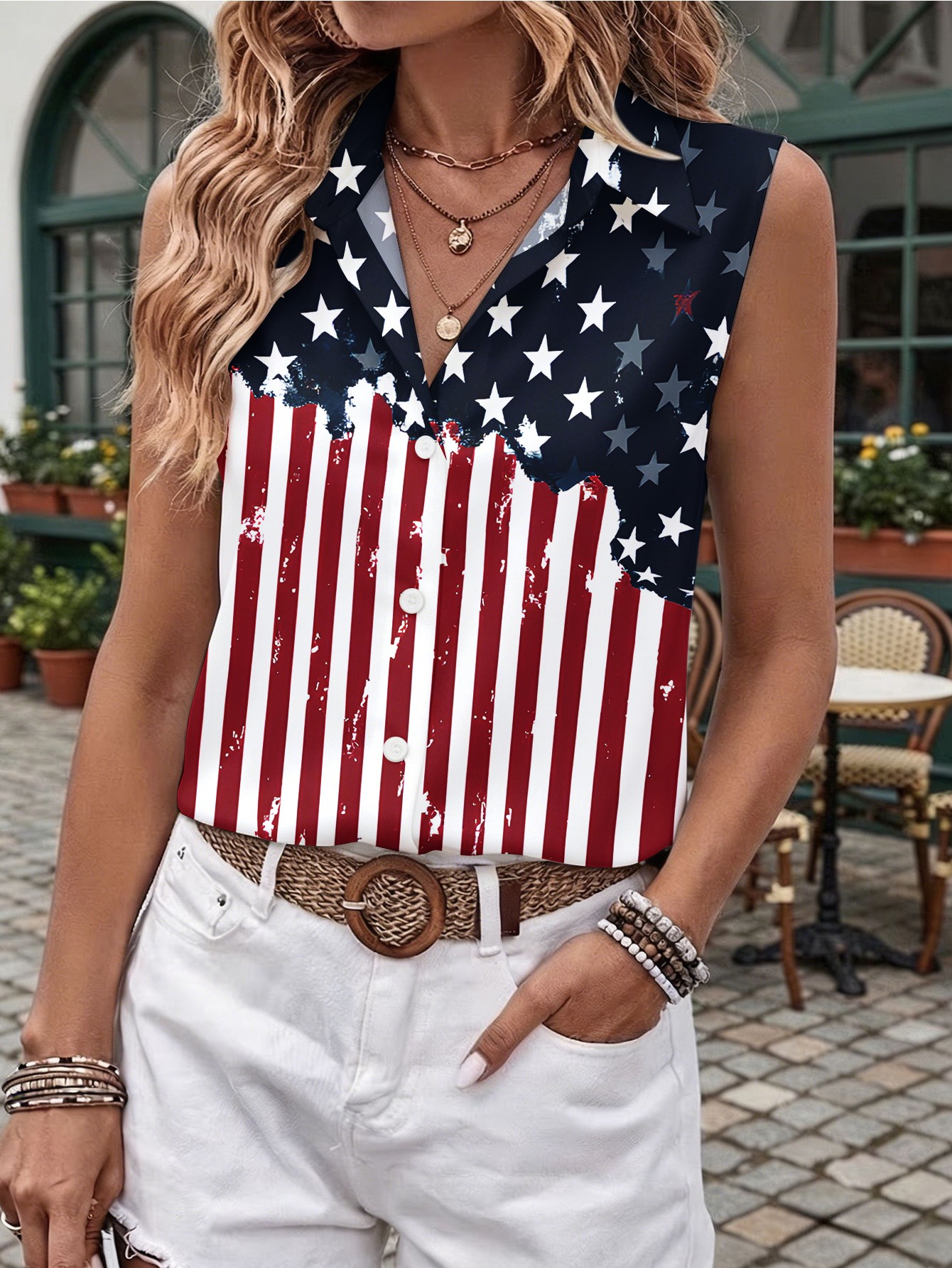 womens clothing womens american flag print lapel sleeveless shirt   casual loose fit blouse   themed button tank top for daily wear lightweight breathable top for beach holiday stylish   outfit