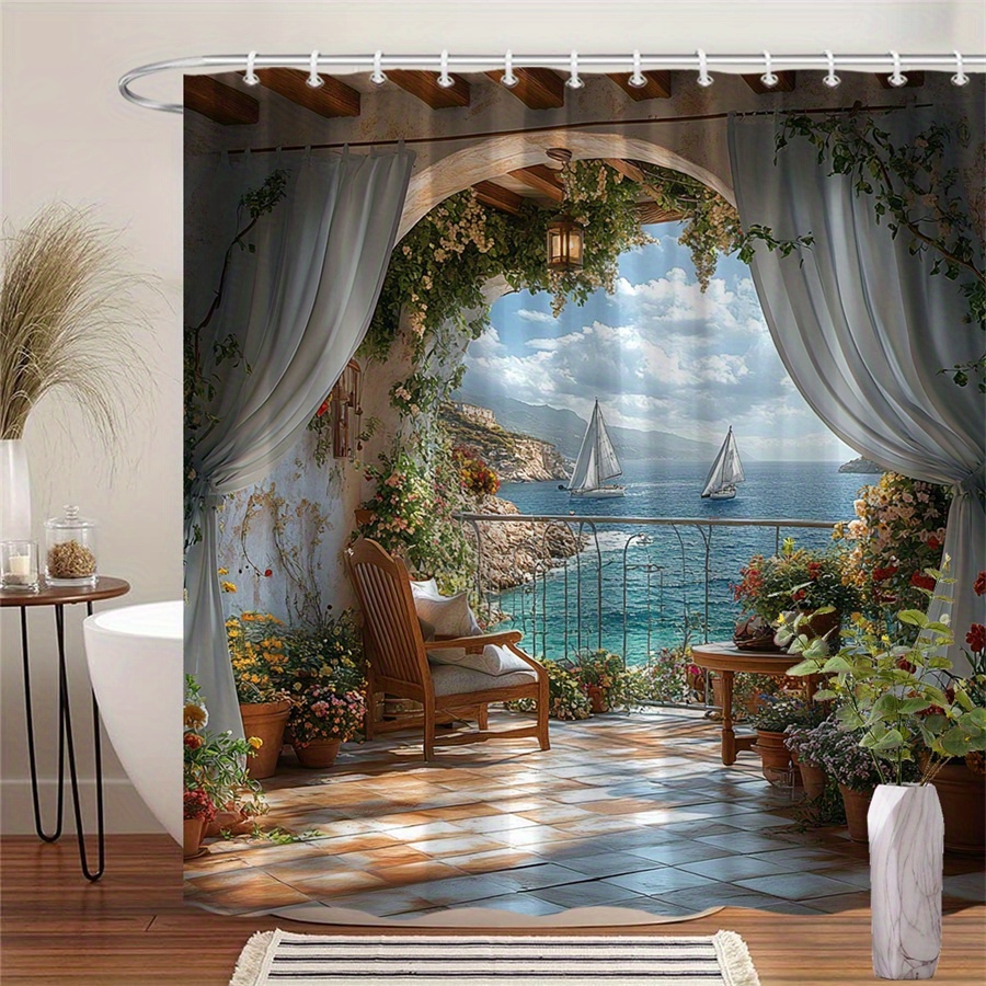 TEMU 1pc Mediterranean Coastal Bathroom Shower Curtain - , Sailboats & Floral Design, Durable Polyester Fabric, Machine Washable, 70x70 Inch With 12