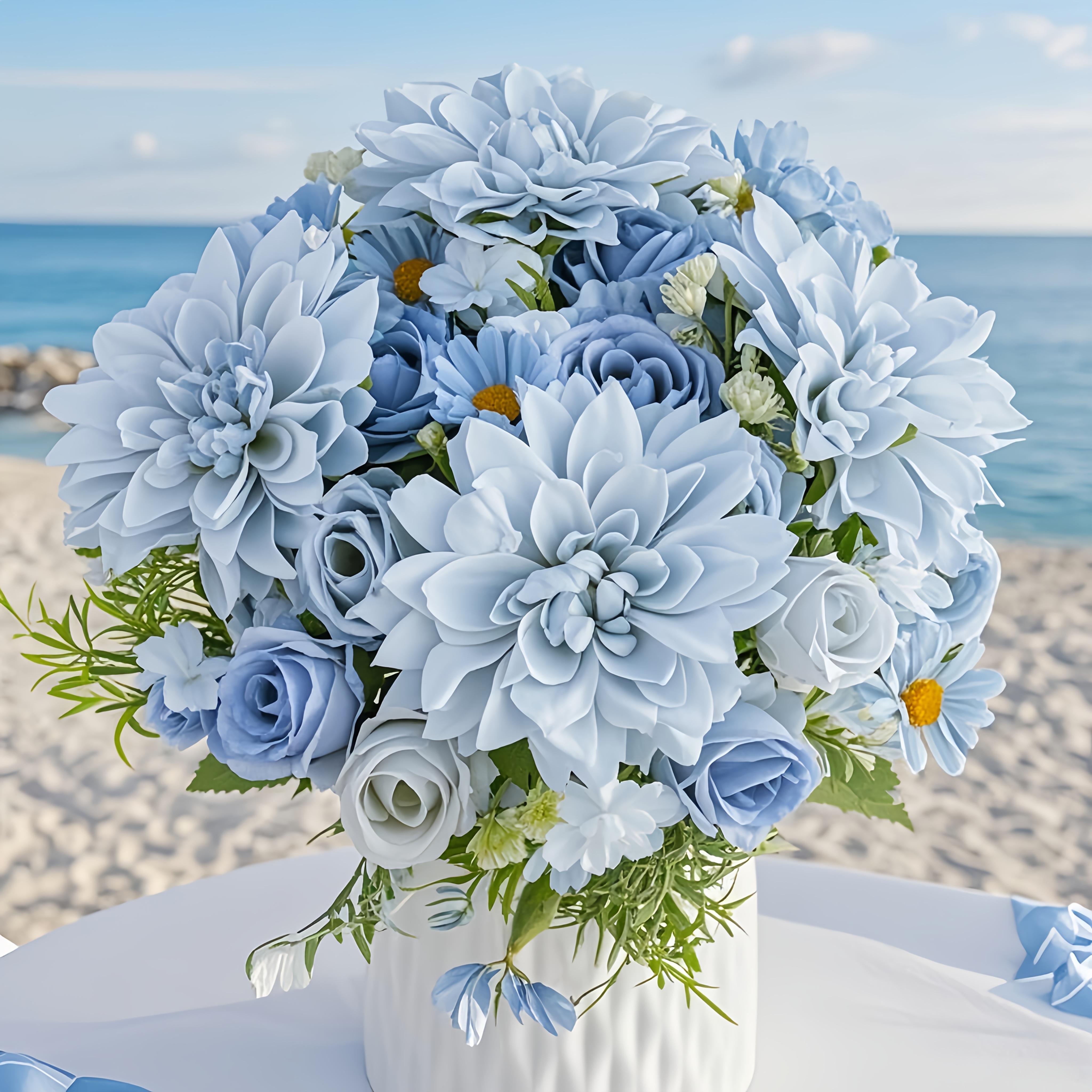 TEMU 4 Bouquets Light Blue Artificial Flowers - Dahlia, Rose & Sunflower Bouquet Suitable For Home Wedding Table Centerpiece, Summer Seasonal Decor,
