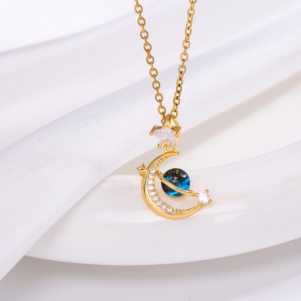 Women's Vintage Moon Butterfly Cubic Zirconia Pendant Necklace