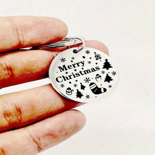5pcs christmas keychains bulk order custom lettering engraving round stainless rings with christmas theme merry christmas letters numbers for family gifts party favors car key decorations