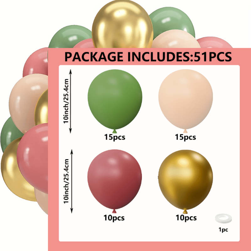 TEMU 51pcs Of Birthday Party Balloon Sets, Including Pink, Green, Light Beige Latex Balloons, Suitable For Birthday Parties, Weddings, Graduation