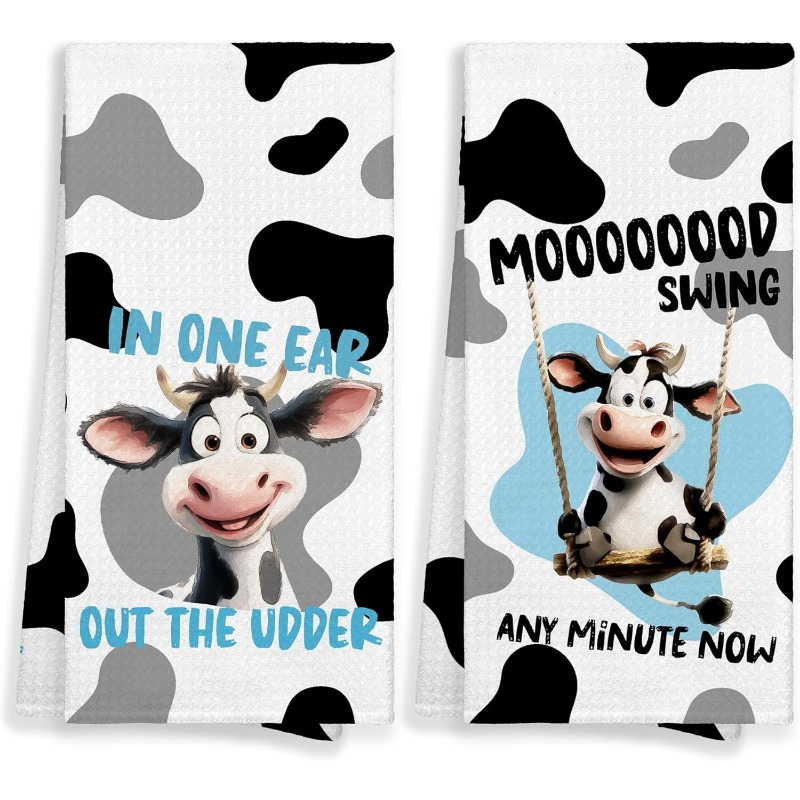 

2-pack Modern Cartoon Cow Polyester Kitchen Towels, Super Square Dish Cloths, Machine Washable, 18x26 Inches, Home & Kitchen Decor