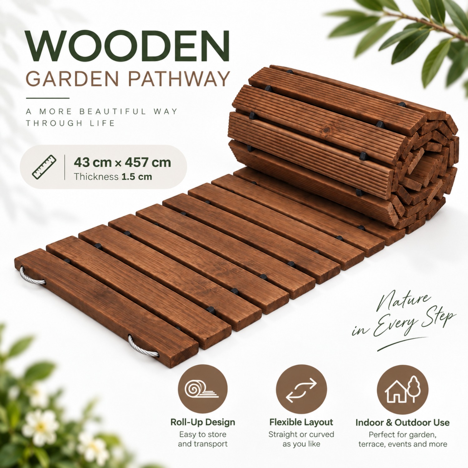 TEMU de jardin en bois marron 43 X 457 cm, trottoir en bois à rouler de 1,5 cm d'épaisseur, de jardin extérieure portable pour pelouse, patio, plage,