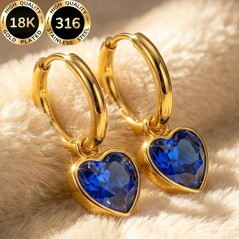 TEMU 1 Pair High-quality Steel 18k Golden Plated Hypoallergenic Face-shaping Light Luxury Sweet Sparkling Heart-shaped Blue Synthetic Zirconia Design