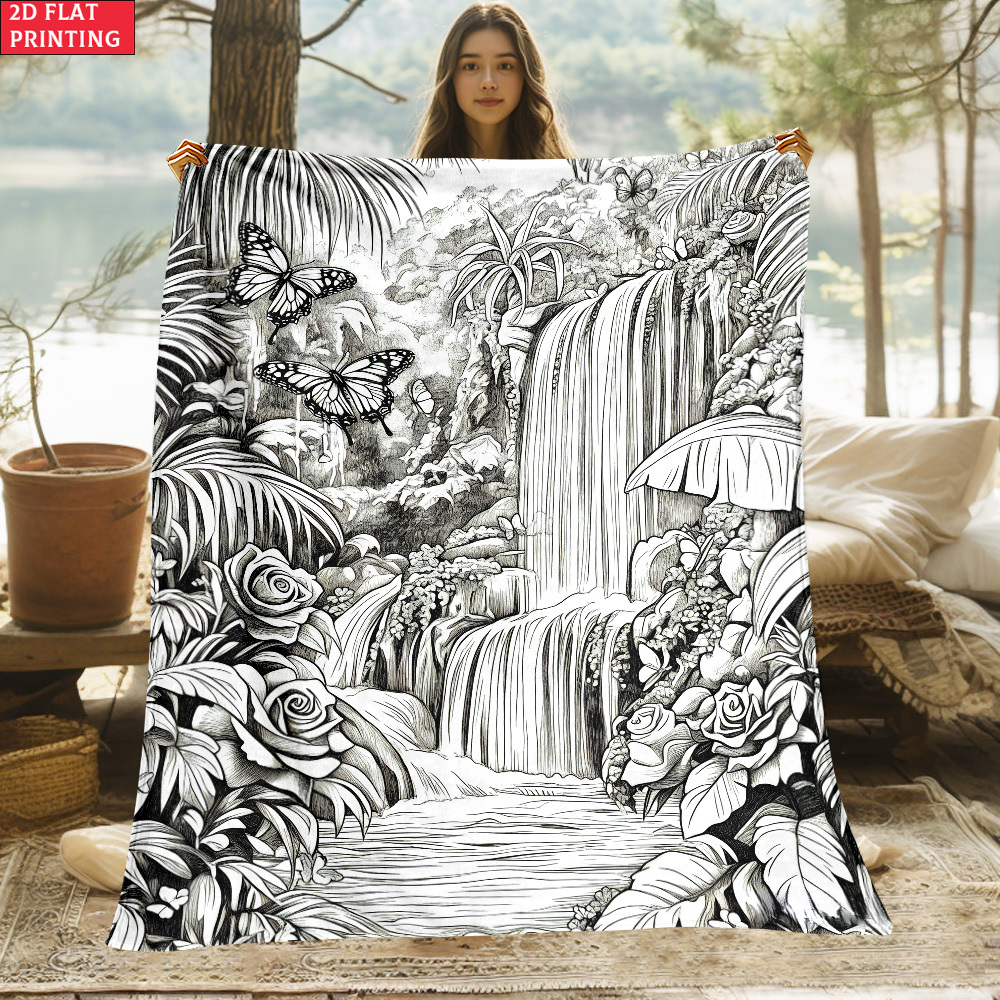 TEMU Couverture 2D Plate 1pc Chute d'Eau Forestière à Colorier – Légère, Décoration d'Intérieur, Jeté de Lit pour Voyage, Camping, Salons, Bureaux,