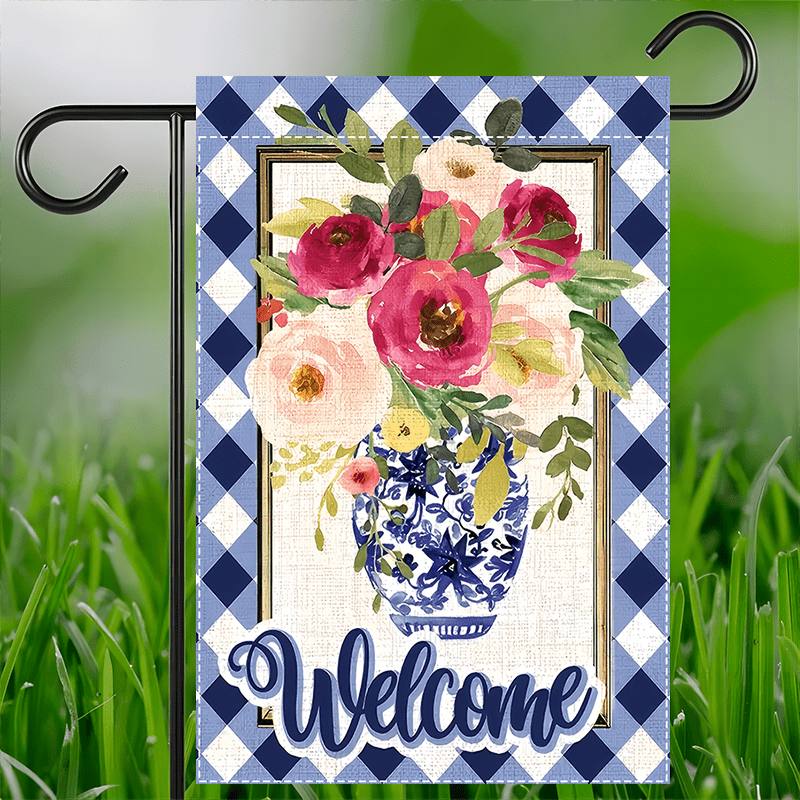 

1pc Flag - 12x18" Double-sided, Waterproof Burlap With Floral & , Blue And White Checkered - Linen Material, Ideal For Seasonal Outdoor Decoration, No Pole Included