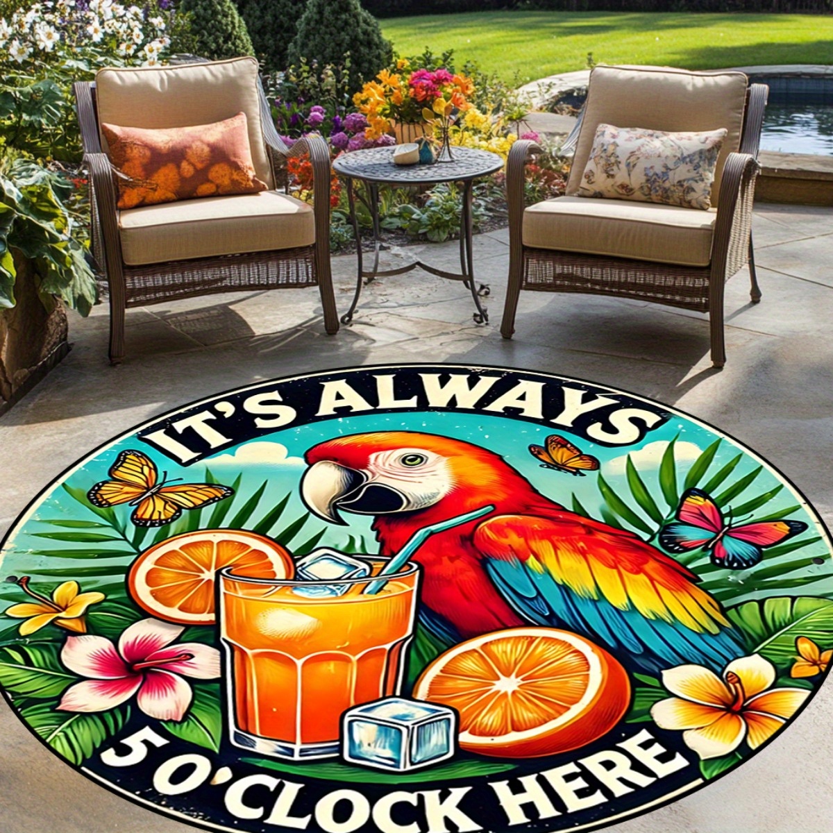 TEMU 1 tapis rond moderne à motif imprimé perroquet tropical pour cour extérieure, chambre, salon et table à manger, décoration tendance pour la Fête