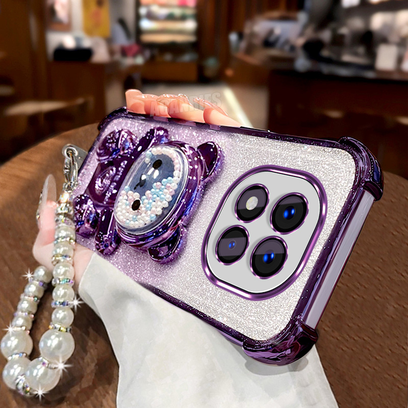 TEMU Phone Case: Note14 Pro 5g 1pc Cute Plating Quicksand Bead Bear Folding Bracket Stand Holder   1pc Pearl Lanyard Chain Wrist Strap   1pc Gradient