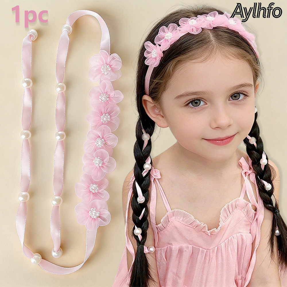 Image of 1pc Spring New Style Organza Flower Long Ribbon Braided Headband, Fashionable Bohemian Style Floral Hair Tie, Braided Hair Cord, Suitable For Daily Wear And Holiday Parties