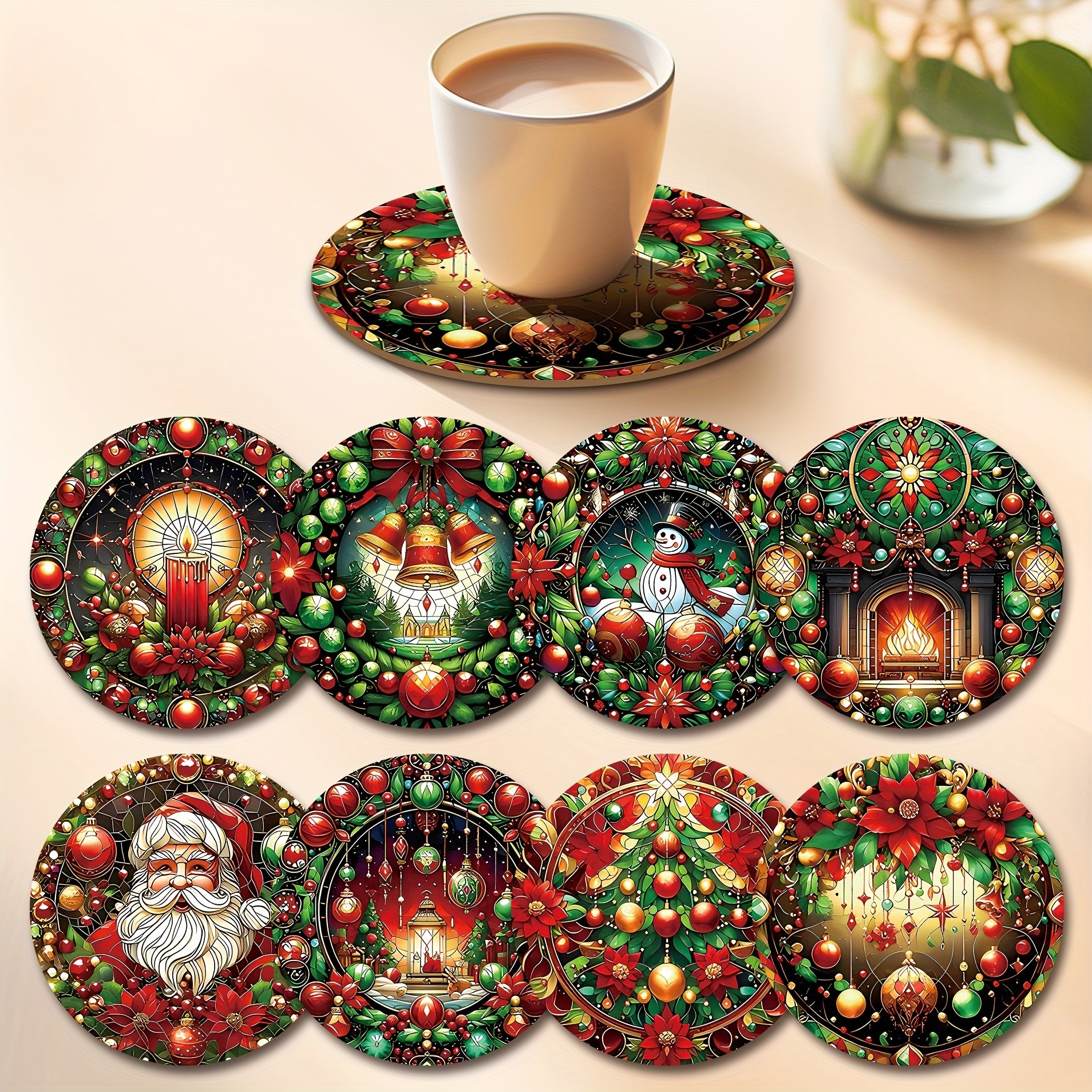 TEMU 8pcs Christmas Wooden Coaster Set - Heat Resistant, Hand Washable, Suitable For Drinks, Coffee, Office, Kitchen, Tabletop Decoration, Holiday
