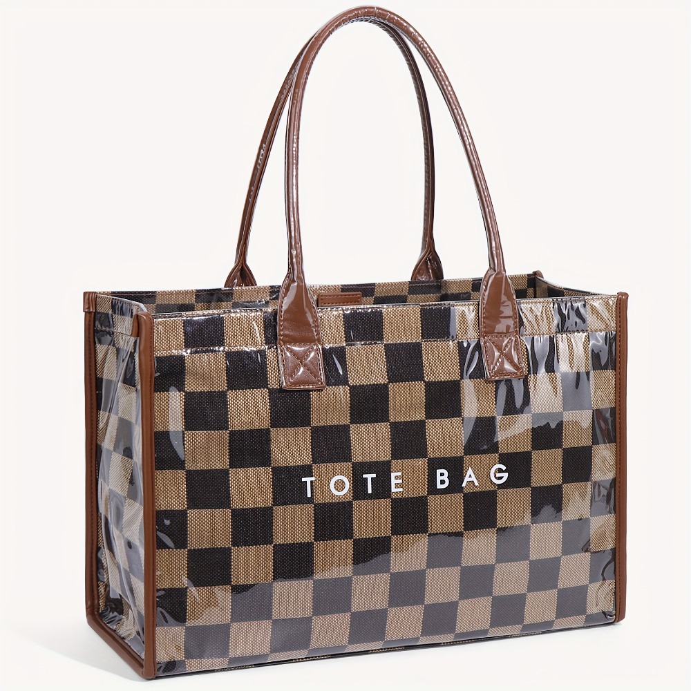 TEMU 1pc Retro Checkerboard Letter Tote Bag, Casual And Versatile Handbag, Minimalist Transparent Simple Commuting Large Capacity Bag, Suitable For