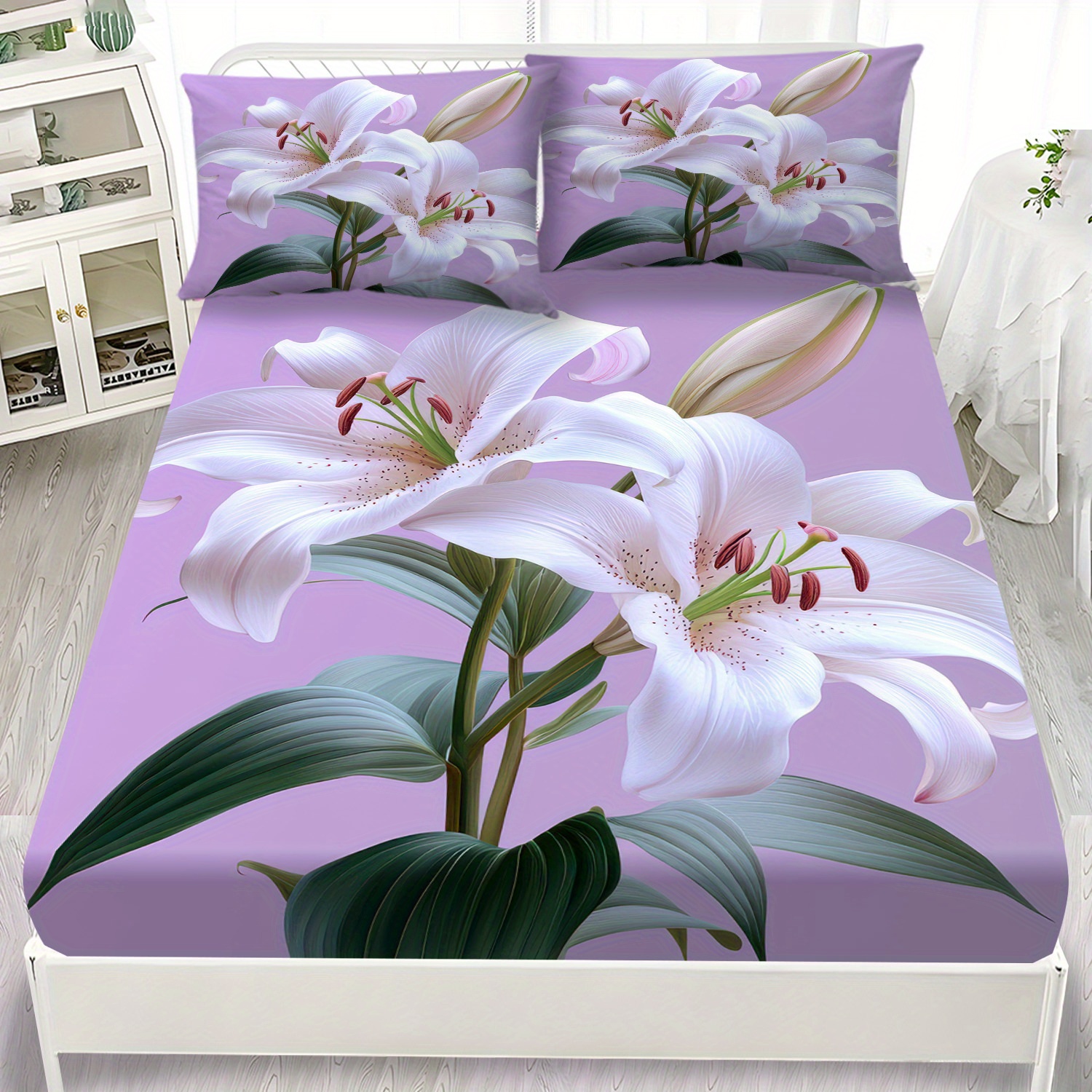 TEMU Mokalala 2/3pcs White Lilies Soft Purple Fitted Sheet Set, Including 1 Fitted Sheet And 1 Pillowcases, A Modern And Stylish Spring Bedroom Decor