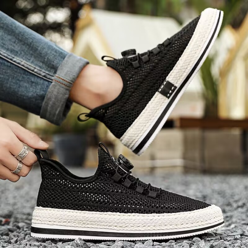 Men's Casual Shoes, Straw Woven Rotating Buckle Fisherman Shoes, Large Mesh Hollow-Out Skate Shoes, Breathable Slip-On Loafers for Men