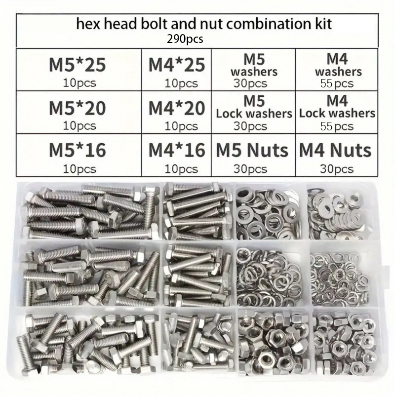 TEMU 290pcs Heavy Duty Flange And Nut Kit, M4 M5, Steel Metric Hex Flange Screw Nut Set, Assortment Of 15 Most Common Sizes For Secure Fastening