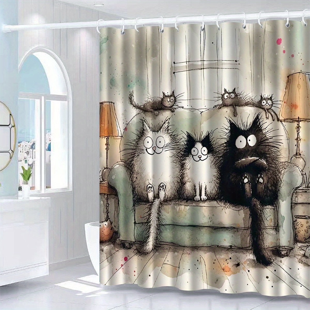 

1pc 3 Kittens Shower Curtain, High-end Elegant Waterproof And Bathroom Curtain, Multifunctional Waterproof Curtain, Bathroom Decoration Pattern