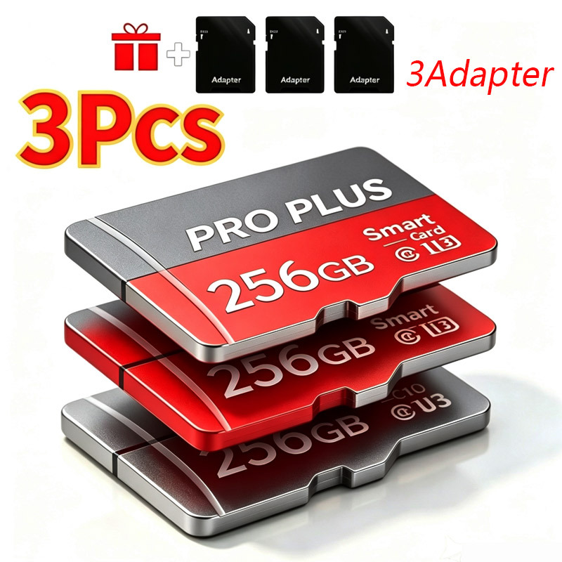 TEMU 3-pack 256gb Tf Memory Cards. Uhs- 10 A1 Storage With Pro Plus Sd Adapter. Compatible With Tablets, Cameras, Smartphones, Drones, Dash Cams,