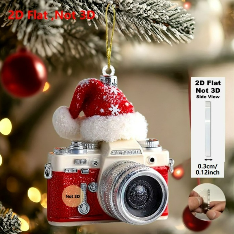 TEMU 2d Flat, 1pc Vintage Camera With Santa Hat Acrylic Ornament, Not, Car Rearview Mirror Hanging Pendant, Christmas Tree & Home Decor, Holiday Gift